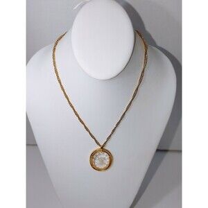 Crown Trifari Etched Glass Liberty Bell Pendant Necklace Gold Tone 1976